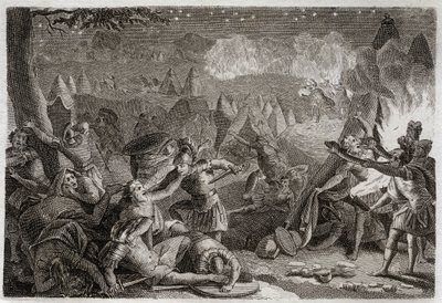 الكتاب المقدس لرويومونت ، العهد القديم: هزيمة المديانيين بصوت الأبواق وأنوار المصابيح. رسم توضيحي من عام 1811. بواسطة فنان غير معروف