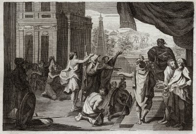 إنجيل رويومونت ، العهد القديم: موسى قبل فرعون. يطلب موسى من فرعون السماح للعبرانيين بالذهاب إلى الصحراء ليذبحوا للرب. رسم توضيحي من عام 1811. بواسطة فنان غير معروف