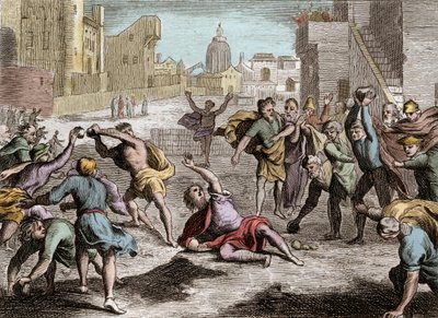 الكتاب المقدس لرويومون ، العهد القديم: تمثيل لانقسام رحبعام الذي قسم مملكة إسرائيل بعد وفاة سليمان - أرسل شعبه مندوبين إلى رحبعام ، الذي ، مفضلاً نصيحة الشبان على مشورة كبار السن ، يخسر الملك. بواسطة فنان غير معروف
