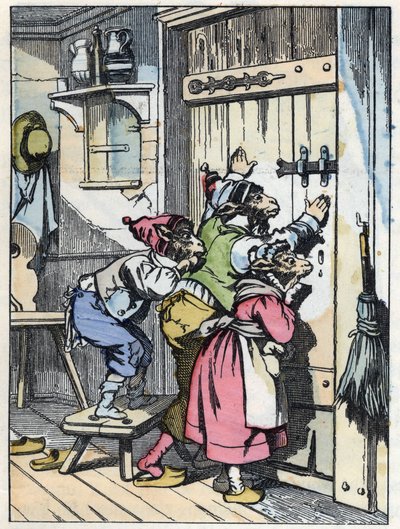يستمع البيكيت إلى من يقرع الباب. رسم توضيحي لحكاية "Compere le Loup، Maitre Renard، Comere la Chevre et ses petits biquets" بعد حكاية جان دو لا فونتين. في "" حكايات من المنزل للصغار "". نقش مجهول لـ 1 بواسطة فنان غير معروف