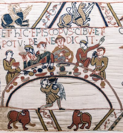 الأسقف أودو يبارك الطعام والنبيذ ، Bayeux Tapestry (تطريز من الصوف على الكتان) بواسطة فنان غير معروف