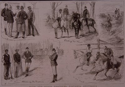أجهزة تعقب سوداء على درب طيور البشرانجر في فيكتوريا ، أستراليا عام 1881 (نقش) بواسطة فنان غير معروف