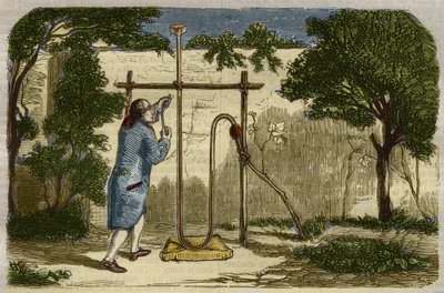 علم النبات: تجربة ستيفن هالز (1677-1761) عن قوة الصعود للسيف في عام 1727. نقش من عام 1859 في "" متحف العلوم " بواسطة فنان غير معروف