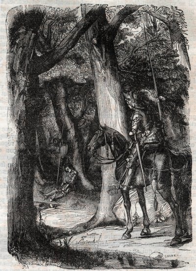 Bradamante apercoit Pinabel (Pinabello) - نقش عام 1851 من "Roland furieux" (أورلاندو فوريوس) (القرن السادس عشر) بواسطة Ludovico Ariosto ، المعروف باسم Ariosta - طبعة مترجمة من الإيطالية بواسطة Count of Tressan ونشرها Gustave Harvard 1851 بواسطة فنان غير معروف