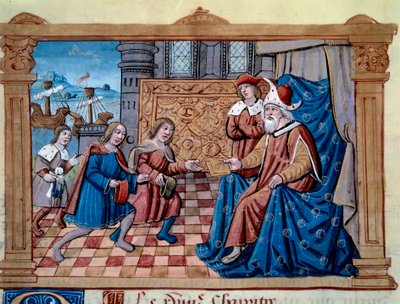 تم استقبال الأخوين نيكولو وماتيو بولو ، والد وعم الشاب ماركو بولو (1254-1324) في بلاط Qubilai (كوبيلاي خان ، أول إمبراطور لسلالة يوان المنغولية (1215-1294) ، الإمبراطور المنغولي في 1271. صورة مصغرة مأخوذة من "" The B بواسطة فنان غير معروف