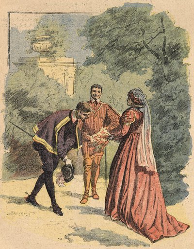 بوسي يحيي جين برفقة القديس لوقا في الحديقة. رسم توضيحي لرواية "La Dame de Monsoreau" للكاتب ألكسندر دوما ، في "Journal des novels populaires Illustrated" بواسطة فنان غير معروف