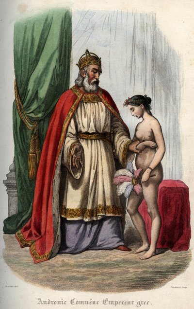 الإمبراطور البيزنطي Andronikos I Komnenos (أو Andronicus I Comnenus (1118-1185) (Andronic I Comnene) وزوجته Agnes من فرنسا (1171-1240) الذي أُجبر على الظهور عاريًا بسبب العربدة. نقش من عام 1842 في "Histoire des الباباوات "" لموريس لاشاتر بواسطة فنان غير معروف