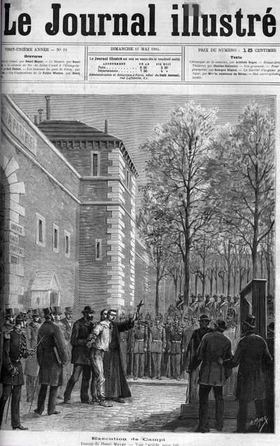 CAMPI ، قاتل The RUE DU REGARD - "" إعدام القاتل ميشيل كامبي ، في Place de la Roquette ، 30 أبريل 1884 - مقصلة - نقش في "" Le Journal Illustrious "" عام 1884 بواسطة فنان غير معروف