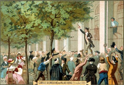 كميل ديسمولين في القصر الملكي (1789/7/12). الطباعة الحجرية الملونة في القرن التاسع عشر. - الثورة الفرنسية / كميل ديسمولان يدعو لعاصفة على الباستيل بباريس بواسطة فنان غير معروف