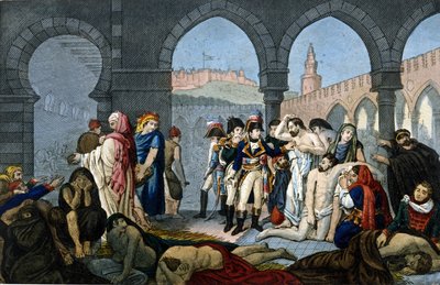 حملة (البعثة) المصرية (1798-1801): الجنرال بونابرت يزور مستشفى الطاعون في يافا. نقش القرن التاسع عشر. بواسطة فنان غير معروف