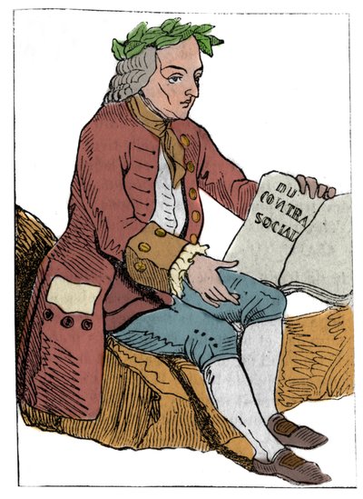 بطاقة مسرحية للجمهورية الفرنسية (1793) نُشرت في المؤتمر الوطني بتاريخ 21/09/1792 ، بعد سقوط الممالك: شخصية الفيلسوف تحت سمات جان جاك (جان جاك) روسو "" إلى العقد الاجتماعي "" (1712-1778) بواسطة فنان غير معروف