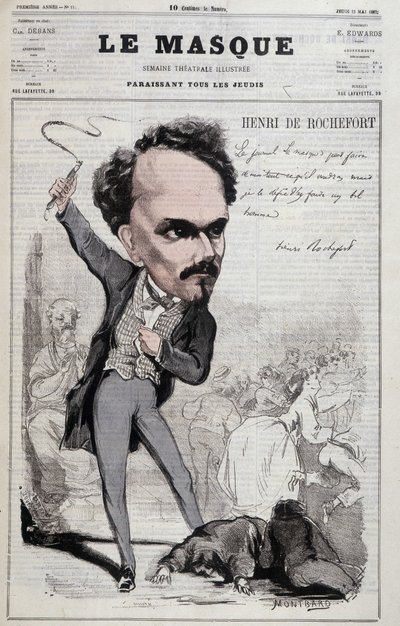 رسم كاريكاتوري لهنري دي روشفور (1831-1913) ، صحفي وسياسي فرنسي أظهر مواقف جمهورية معادية للأسوأ. في "Le Masque" عام 1867 بواسطة فنان غير معروف