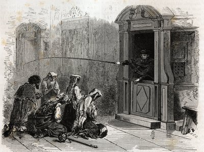 ممارسون كاثوليكيون في الصلاة ، يتلقون توبة عادية ، سياط يديرها كاهن من الكابينة. نقش لتوضيح قصة الأسبوع المقدس في روما ، في عام 1863 ، بواسطة لودوفيك سيلر ، في "Le Tour du monde ، nouveau journal des voyages" "publi بواسطة فنان غير معروف