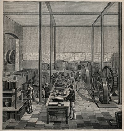 السيلولويد: صناعة السليلويد. نقش من عام 1885 في "" Les Arts et metiers Illustres "" لأدولف بيتارد. بواسطة فنان غير معروف