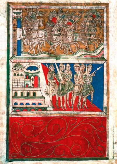 يغادر شارلمان وفرسانه مدينة آخن ويذهبون إلى سانتياغو دي كومبوستيلا المصغرة من "Codex Calixtinus" (كتاب القديس جيمس) ، حوالي 1140. fol. 162 ضد. أرشيفات كاتدرائية سانتياغو دي كومبوستيلا (سانتياغو دي كومبوستيلا) ، إسبانيا بواسطة فنان غير معروف