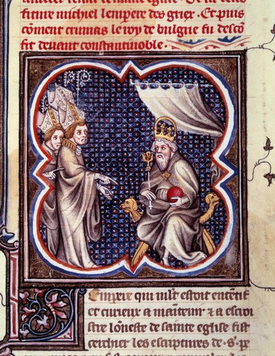 شارلمان والأساقفة. صورة مصغرة في "" Grandes Chronicles de France. Grandes Chronicles de France بقلم شارل الخامس "(الورقة 102) ، حوالي 1375-1380. BN ، باريس بواسطة فنان غير معروف
