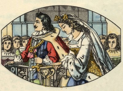 حفل زفاف سندريلا مع الأمير. رسم توضيحي لقصة تشارلز بيرولت "Cinderella or La petite slipper de verre" بواسطة فنان غير معروف
