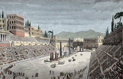 سيرك ماكسيموس - السيرك العظيم أو السيرك ماكسيم ، في روما ، مع سباق عربة - نقش ملون بواسطة فنان غير معروف