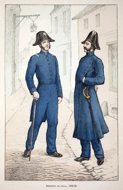 رقباء المدينة (1829-1830). النقش بالألوان ، للتوضيح ، كتاب "" Histoire du corps des gardiens de la paix "" "" المنشور تحت رعاية لويس ليبين (1846-1933) حاكم شرطة نهر السين ، ألفريد ري (1864-؟) ولويس فيرون (1862-؟) بواسطة فنان غير معروف