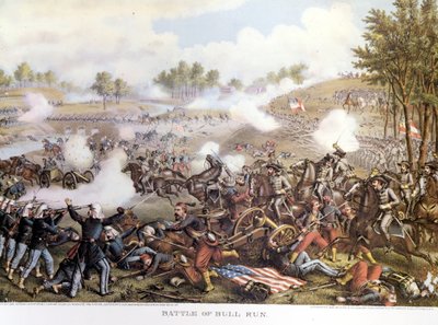 الحرب الأهلية (1861 - 1865) ، الحرب الأهلية الأمريكية 21/7/1861: معركة بول ران الأولى أو معركة ماناساس الأولى: فرجينيا ، هزم الكونفدراليات بقيادة الجنرال بيوريجارد قوات الشمال التي يقودها الجنرال ماك دويل. نقش. بواسطة فنان غير معروف