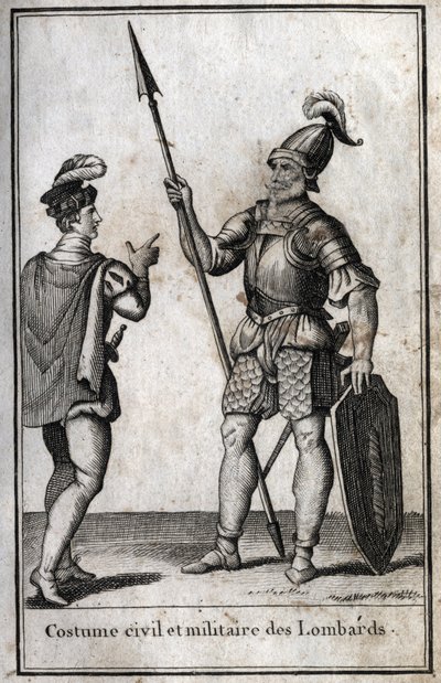 بدلة مدنية وعسكرية من اللومبارديين (لومباردي) في العصور الوسطى. نقش في redige "Beaute de l'histoire du basse Empire" بواسطة PJBN 1814. بواسطة فنان غير معروف