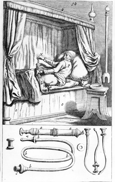 كليستير (للحقن الشرجية) بواسطة يوهانس سكلبتتوس "" Armamentarium Surgical "". البندقية 1665 بواسطة فنان غير معروف