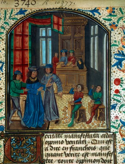 سك العملة في العصور الوسطى. صورة مصغرة من مسودة رسمها نيكولاس أورسمي (1320-1382). القرن الخامس عشر BN باريس بواسطة فنان غير معروف