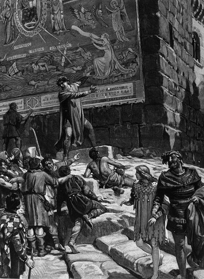 كولا دي رينزو (1314-1354) ، في حملته لتصبح منبرًا للشعب الروماني ، يشرح لشعب روما اللوحات الجدارية التي قام بتثبيتها في مبنى الكابيتول والتي ترمز إلى معاناة روما في بحر متهور تحيط به طروادة ، القدس ، قرطاج وبا بواسطة فنان غير معروف