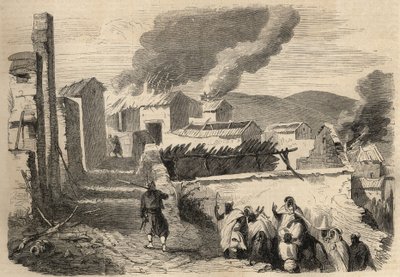 غزو الجزائر: رحلة استكشافية إلى منطقة القبائل الكبرى عام 1857. تسليم بني ييني بناءً على رسم للسيد أميلر ، قائد كتيبة الزواف الأول. نقش في "لوموند لامع" من عام 1857. مجموعة خاصة. بواسطة فنان غير معروف