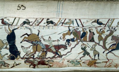 غزو إنجلترا من قبل دوق نورماندي ويليام الفاتح (1027-1087) في 1066: معركة هاستينغز تفاصيل بايو نسيج أو تطريز الملكة ماتيلد بواسطة فنان غير معروف