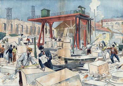 بناء القصر الكبير بباريس عام 1898 بمناسبة المعرض العالمي لعام 1900. في الوسط ، عجلة الماس لقطع الحجارة المقطوعة. رسم توضيحي في "" Le Pelerin "في 3 يوليو بواسطة فنان غير معروف