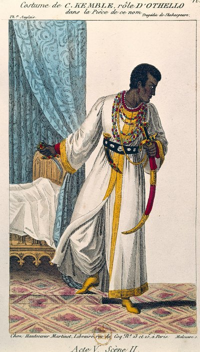 زي للممثل الكوميدي تشارلز كيمبل (1775-1854) في دور عطيل في القطعة التي تحمل نفس الاسم لوليام شكسبير (1564-1616) في باريس في القرن التاسع عشر. BN بواسطة فنان غير معروف