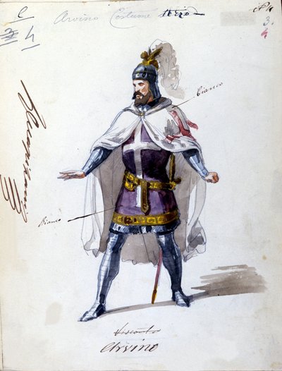 زي لأوبرا "" I Lombardi "" أو "" Les Lombards à la première Crusade "" من تأليف جوزيبي فيردي (1813 - 1901) في عام 1843. رسم بالألوان المائية مجهول. شخصية ألفينو لأداء سكالا في ميلانو. بواسطة فنان غير معروف