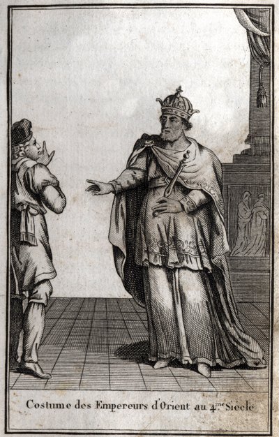 زي الأباطرة الشرقيين في القرن الرابع. نقش في redige "Beaute de l'histoire du basse Empire" بواسطة PJBN 1814. بواسطة فنان غير معروف