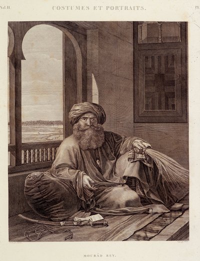 الأزياء والصور: مراد بك (1750-1801) الزعيم المملوكي (مراد بك شيخ القبائل المملوكية المصرية (باي)) في "" وصف مصر "، طبعات امبريالية بواسطة فنان غير معروف
