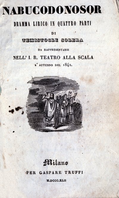 غلاف أول كتاب ليبريتو من نابوكو لجوزيبي فيردي (1813 - 1901) ، والذي أطلق عليه اسم نابوكودونوسور لأول مرة بواسطة فنان غير معروف