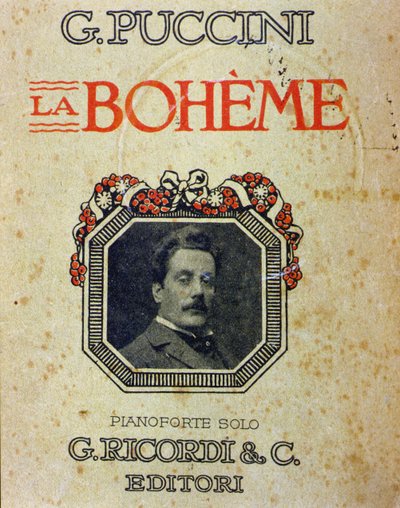 غلاف مقطوعة "" La Bohème "لبوتشيني (1858-1924) مع صورته. بواسطة فنان غير معروف