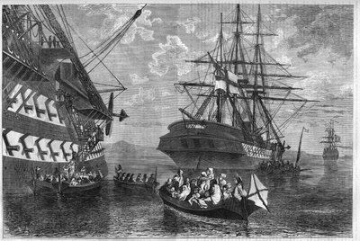 ثورة كريت 1866-1869 (تمرد جزيرة كريت ضد الإمبراطورية العثمانية): طالبت العائلات الكريتيّة باللجوء على متن سفن القوى المحايدة. نقش في "" L'univers اللامع "" بواسطة فنان غير معروف