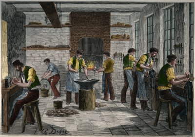 ورشة صناعة السكاكين في فرنسا في القرن التاسع عشر. نقش من عام 1885 في "" Les Arts et metiers Illustres "" لأدولف بيتارد. بواسطة فنان غير معروف