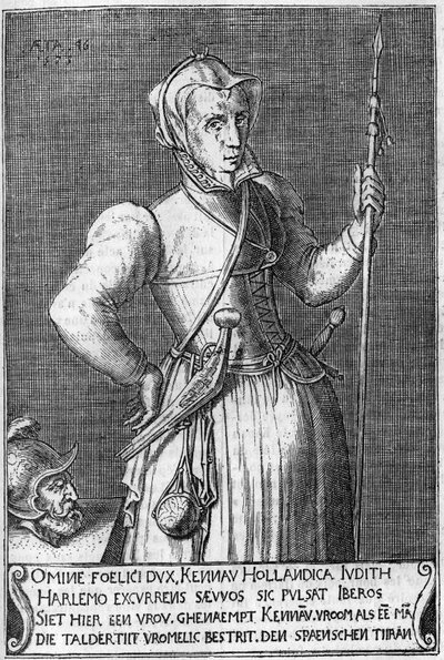 Dame Kenau Simonsdochter Hasselaer (1526-1588) ، بطلة هارلم (هولندا) أثناء القتال ضد الإسبان في عام 1572. نقش القرن السابع عشر المطابق لجوديث هولوفر. بواسطة فنان غير معروف