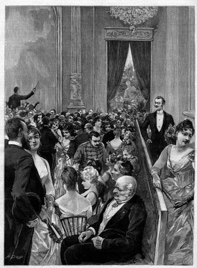 قاعة الرقص للكرة الأخيرة التي قدمها رئيس الجمهورية جول غريفي (1807-1891) في قصر الإليزيه في باريس. نقش في "" Le monde اللامع "" بواسطة فنان غير معروف