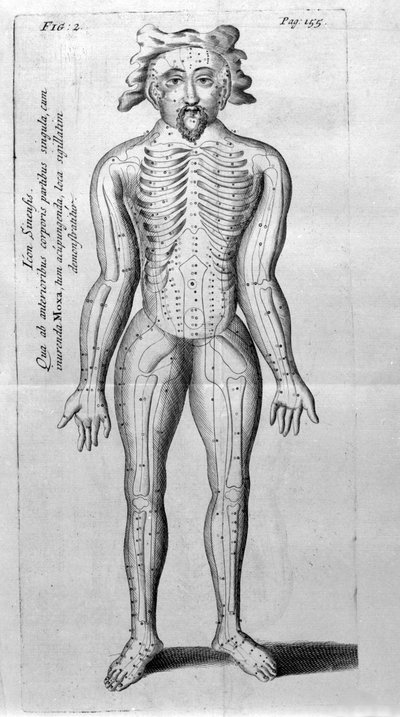 De Acupunctura بواسطة W.Ten Rhijne. لندن 1683. أول نص غربي يعالج الوخز بالإبر. بواسطة فنان غير معروف