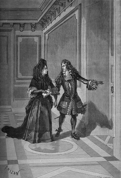 وفاة ماري تيريز (ماري تيريز) ، ملكة فرنسا ، 30 يوليو 1683: طلب م. دي لا روشفوكولد من مدام دي مينتينون (فرانسواز دوبيني ، ماركيز ، مدام دي مينتينون) (1635-1719) أن تستسلم لملك فرنسا لويس الرابع عشر (1638-1715). نقش بواسطة فنان غير معروف