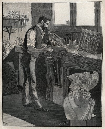 زخرفة الفضيات: إزميل من البرونز. نقش من عام 1885 في "" Les Arts et metiers Illustres "" لأدولف بيتارد. بواسطة فنان غير معروف