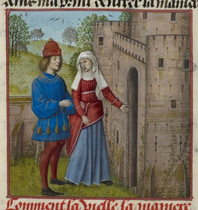 تفاصيل منمنمة Lover and la Vieille (the Duenna) ، من "Le Roman de la Rose" بواسطة فنان غير معروف