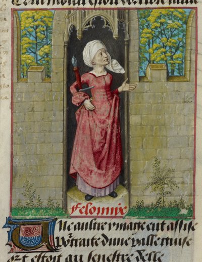 تفاصيل منمنمة للشخصية المجازية لفيلونيا (الجريمة)، في العمود الأول من الصحيفة، من quot;Le Roman de la Rosequot; بواسطة فنان غير معروف