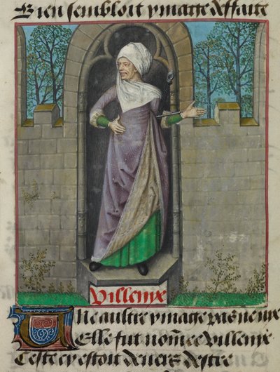 تفاصيل منمنمة للشخصية المجازية لفيليني (النذالة)، في العمود الثاني من الصحيفة، من quot;Le Roman de la Rosequot; بواسطة فنان غير معروف