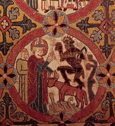 تفاصيل تطريز يصور إغراء القديس مارتن. نسيج آيسلندي. 1390-1403. باريس ، المتحف الوطني للعصور الوسطى ، Thermes de Cluny بواسطة فنان غير معروف