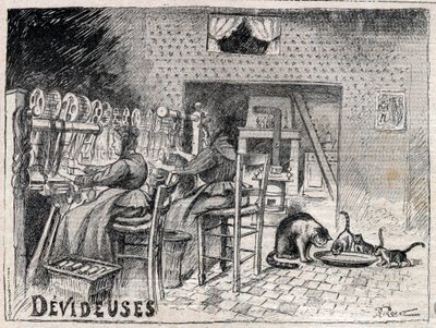 Devideuses - Atelier de Canut - داخل ورشة حياكة الحرير في ليون نقش في "Le Progres اللامع" "عام 1895 بواسطة فنان غير معروف