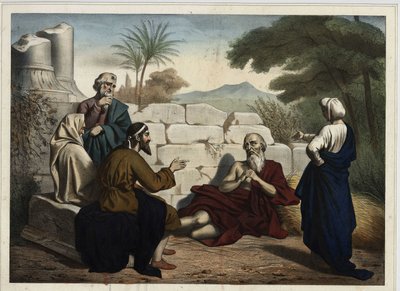 مناقشة بين أيوب وأصدقاؤه حول مصائب أيوب: يختبر الله معتقد أيوب الديني الذي يثبت إخلاصه لله من خلال شرح مصيبته كعقاب على خطاياه. نقش مجهول من منتصف القرن التاسع عشر. بواسطة فنان غير معروف